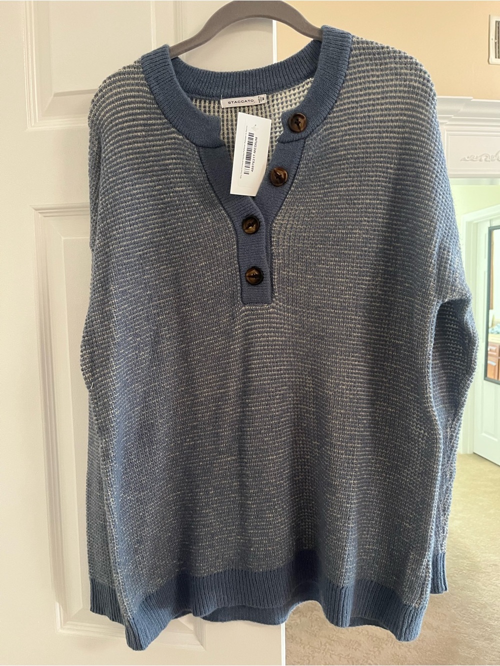 Staccato Dusty Blue Ribbed-Knit Button Henley Sweater
